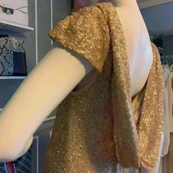 Sorella Vita Cowl Back Sequin Gown Drape Back Gold Cap Sleeve Maxi Dress Sz: 16 - Picture 7 of 15
